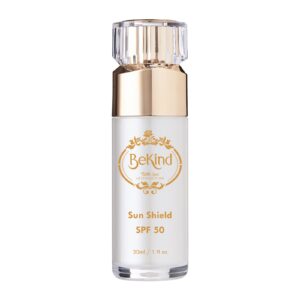 BeKind Sunshield SPF50 30ml bottle with gold collar and clear cap