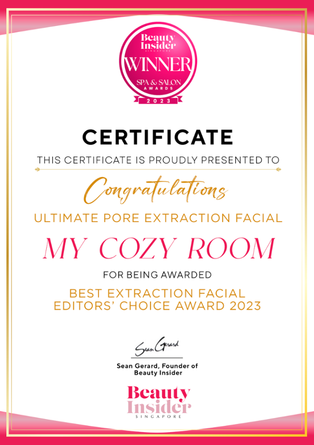My Cozy Room has been awarded the highly-coveted Editors Choice Award for Best Extraction Facial of 2023 by the renowned beauty publication