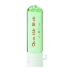 BeKind Clear Skin Elixir 3ml clear vial of green liquid with white cap