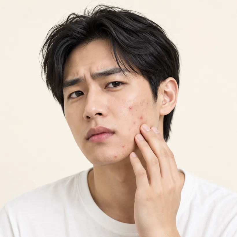 Frowning young man touching red acne spots on his cheek, a common reason to book a men's facial in Singapore