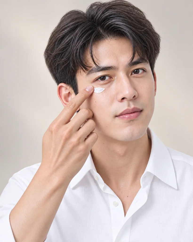 Man dabbing white cream beside his eye, as a men's facial in Singapore also supports a fresher, younger look