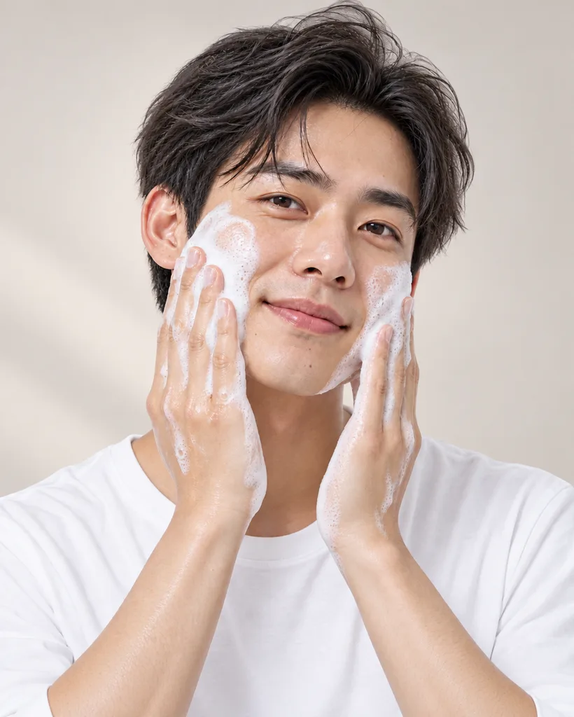 Young man massaging foamy cleanser into his cheeks, the kind of deep cleansing a men's facial gives