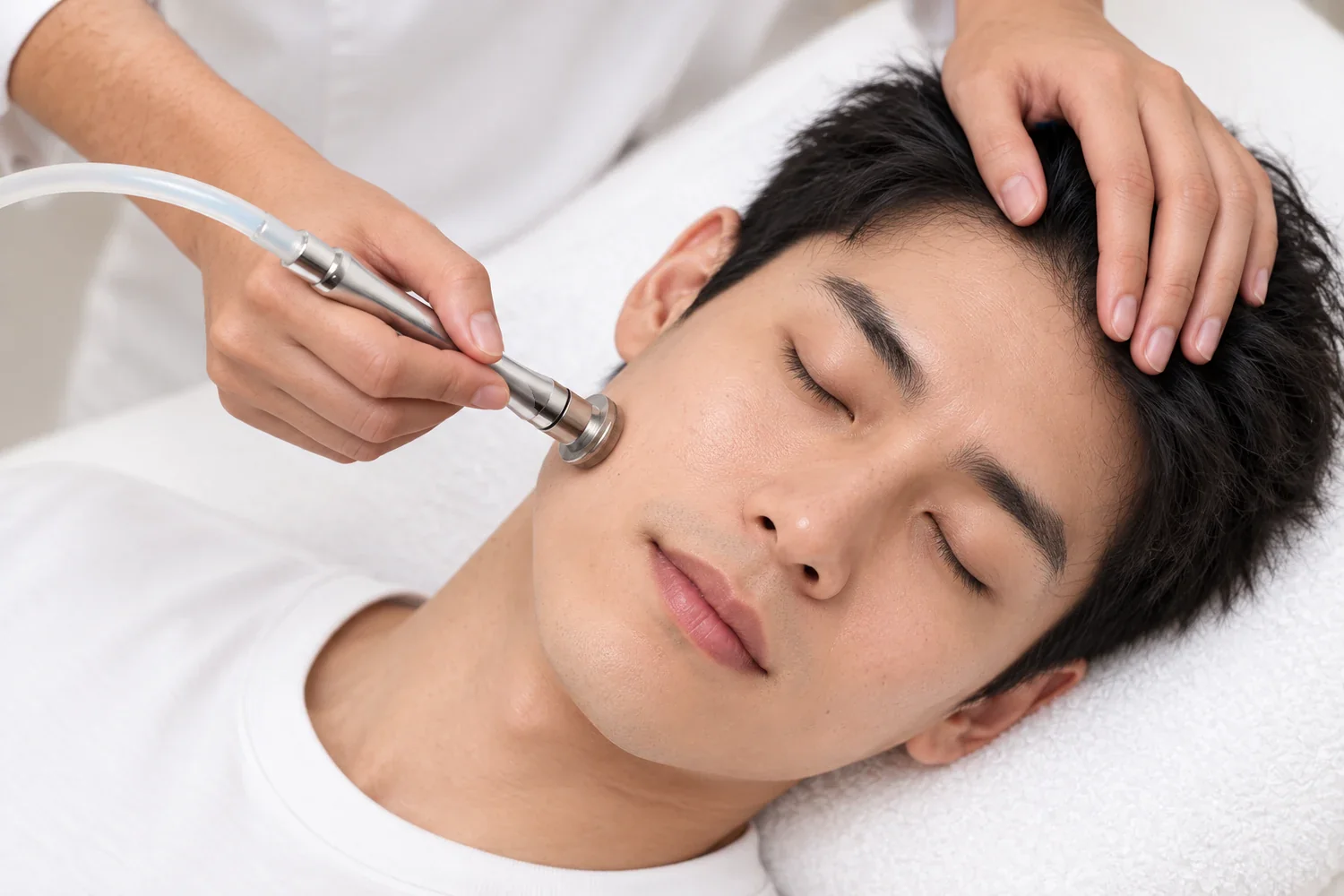 Therapist holding a diamond peel wand to a man's cheek during a men's facial in Singapore