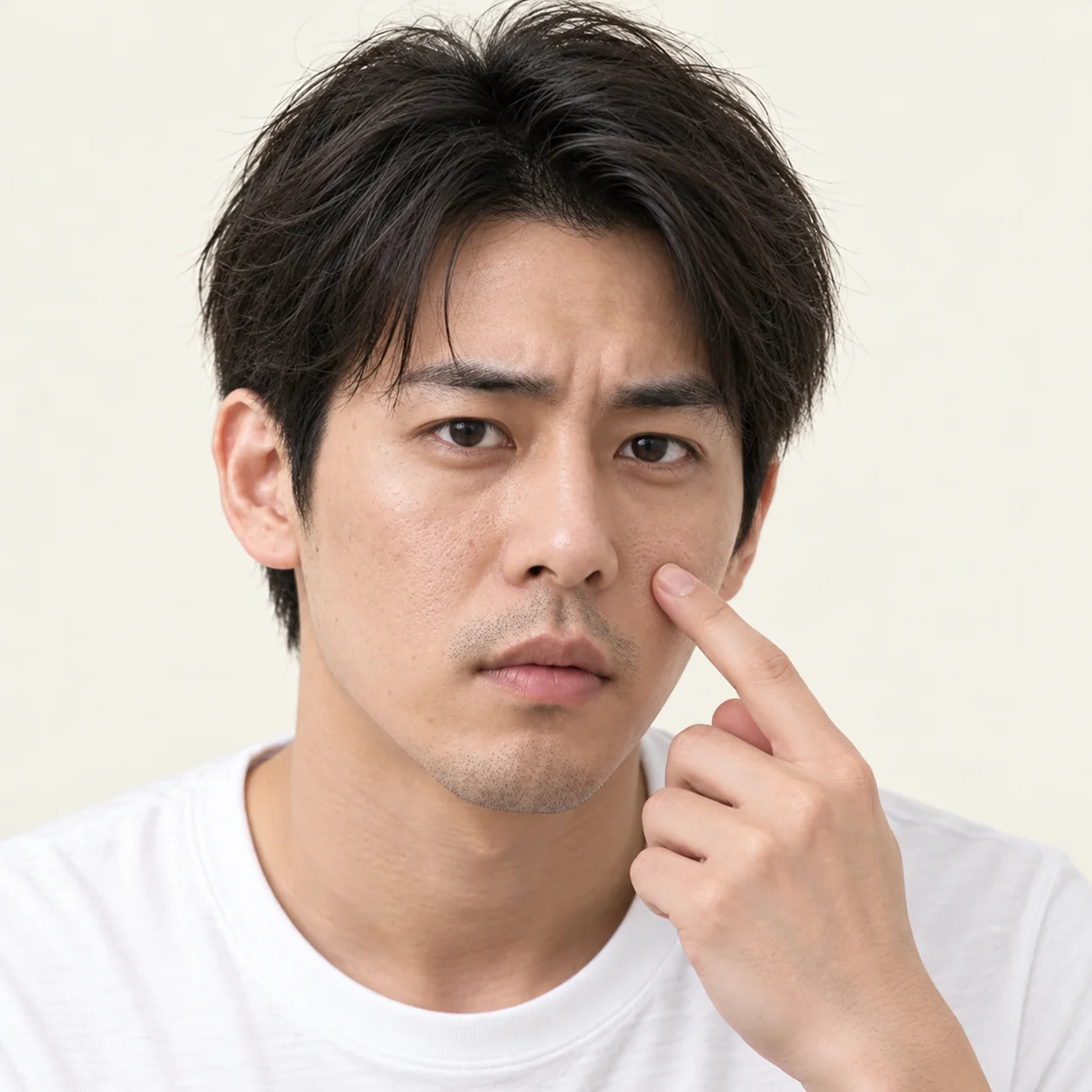 Frowning man pointing to enlarged pores beside his nose, a concern a men's facial in Singapore targets