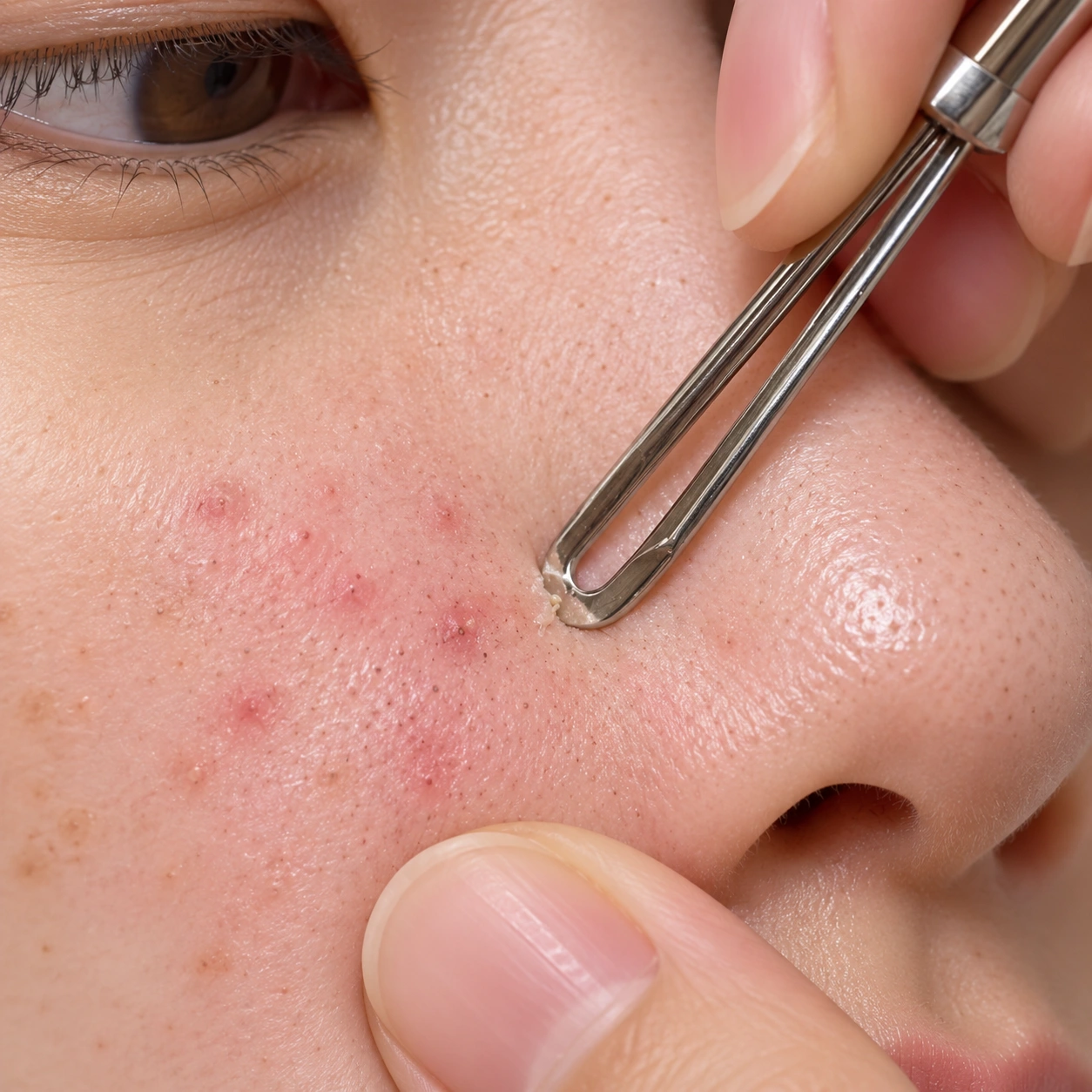 Close up of a loop extraction tool on the side of the nose during a Singapore facial, with red blemishes on the cheek