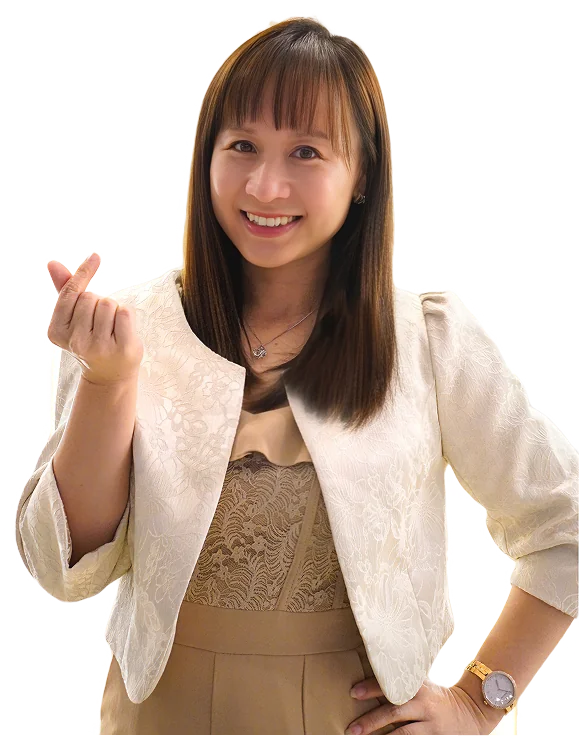 My Cozy Room founder Celine Chan making a finger heart, inviting you to book a men's facial in Singapore