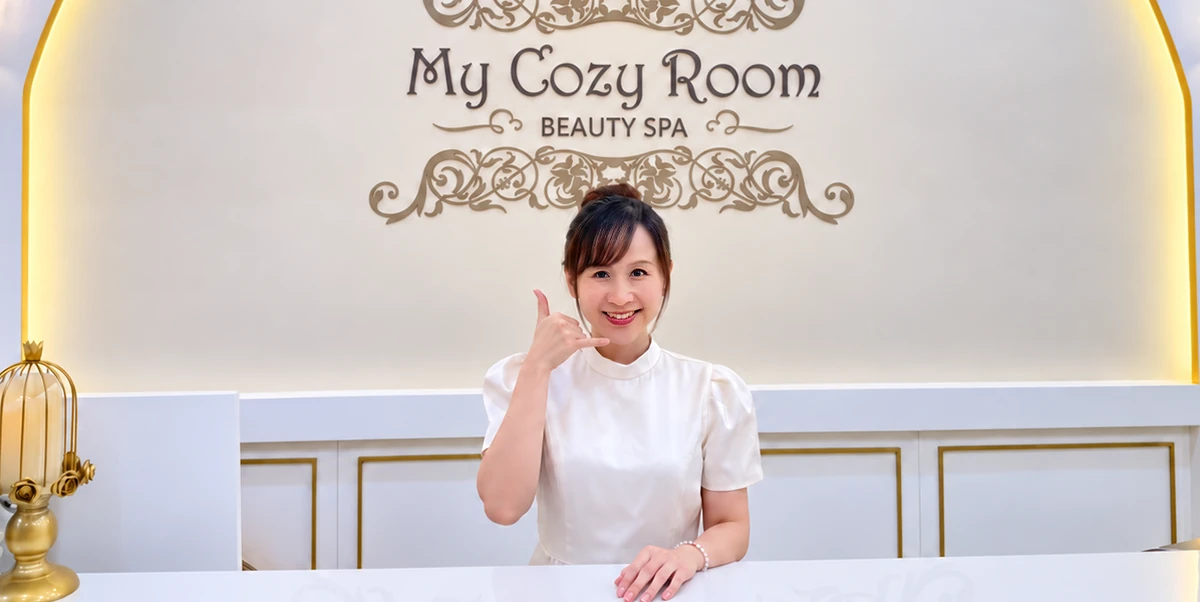 Founder Celine Chan at the reception of My Cozy Room Beauty Spa, one of our two facial shops in Singapore