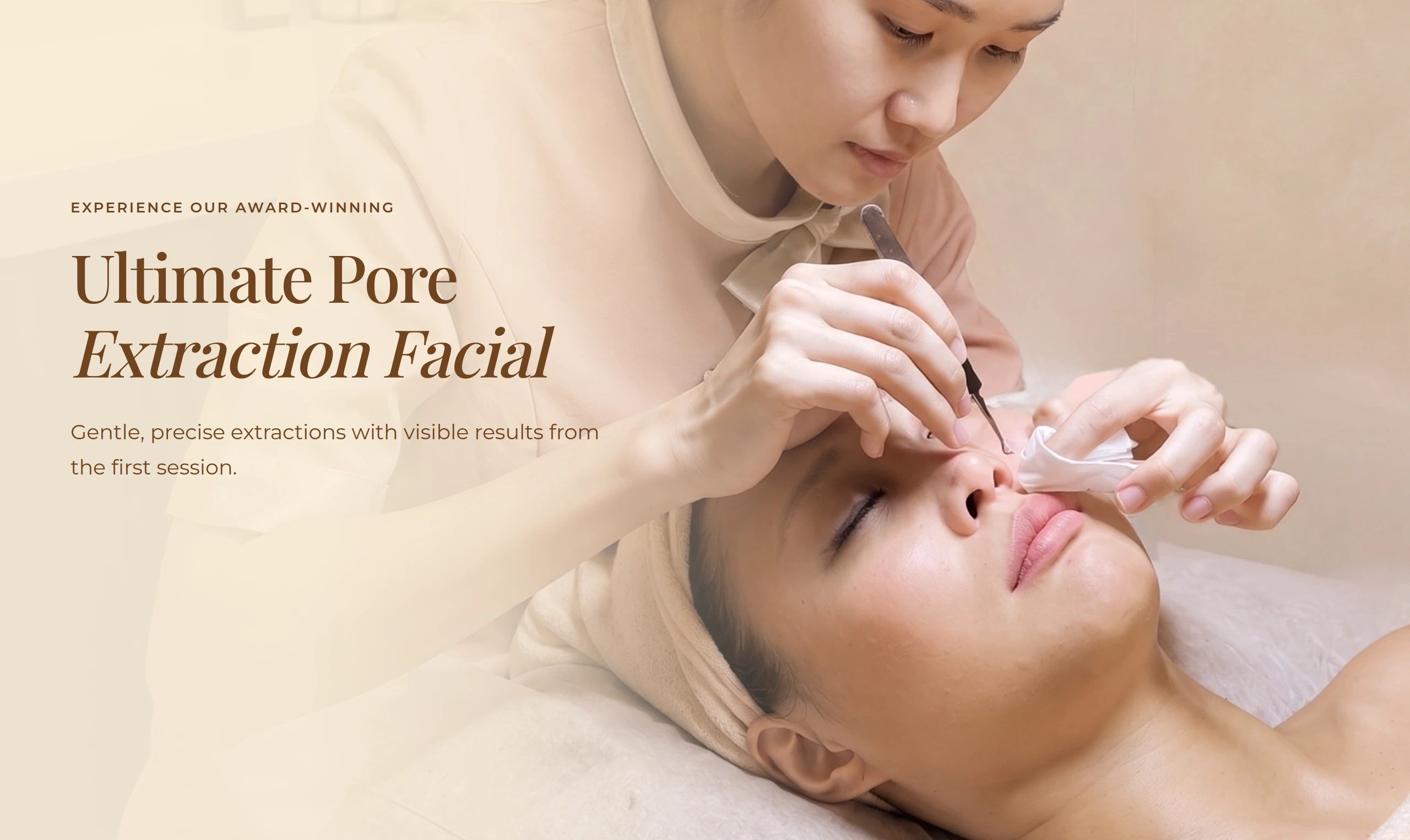 Therapist gently extracting pores on a client's nose during our award-winning Ultimate Pore Extraction Facial in Singapore