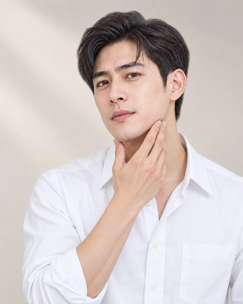 Young man feeling his smooth, clean-shaven jaw, as a men's facial in Singapore helps prevent ingrown hairs