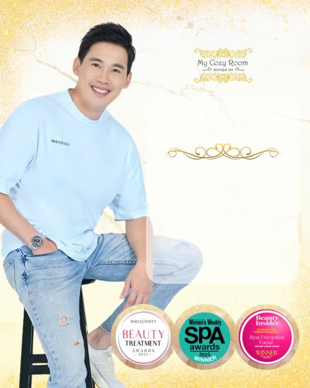 Instagram reel by Alex about his men's facial: smiling man on a stool beside three beauty award badges
