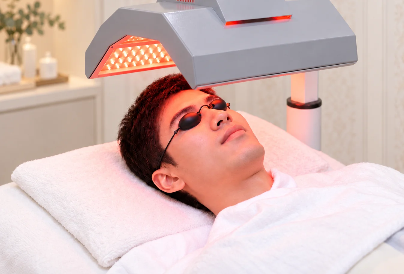 Man in dark protective goggles lying under a glowing red LED light panel during a men's facial