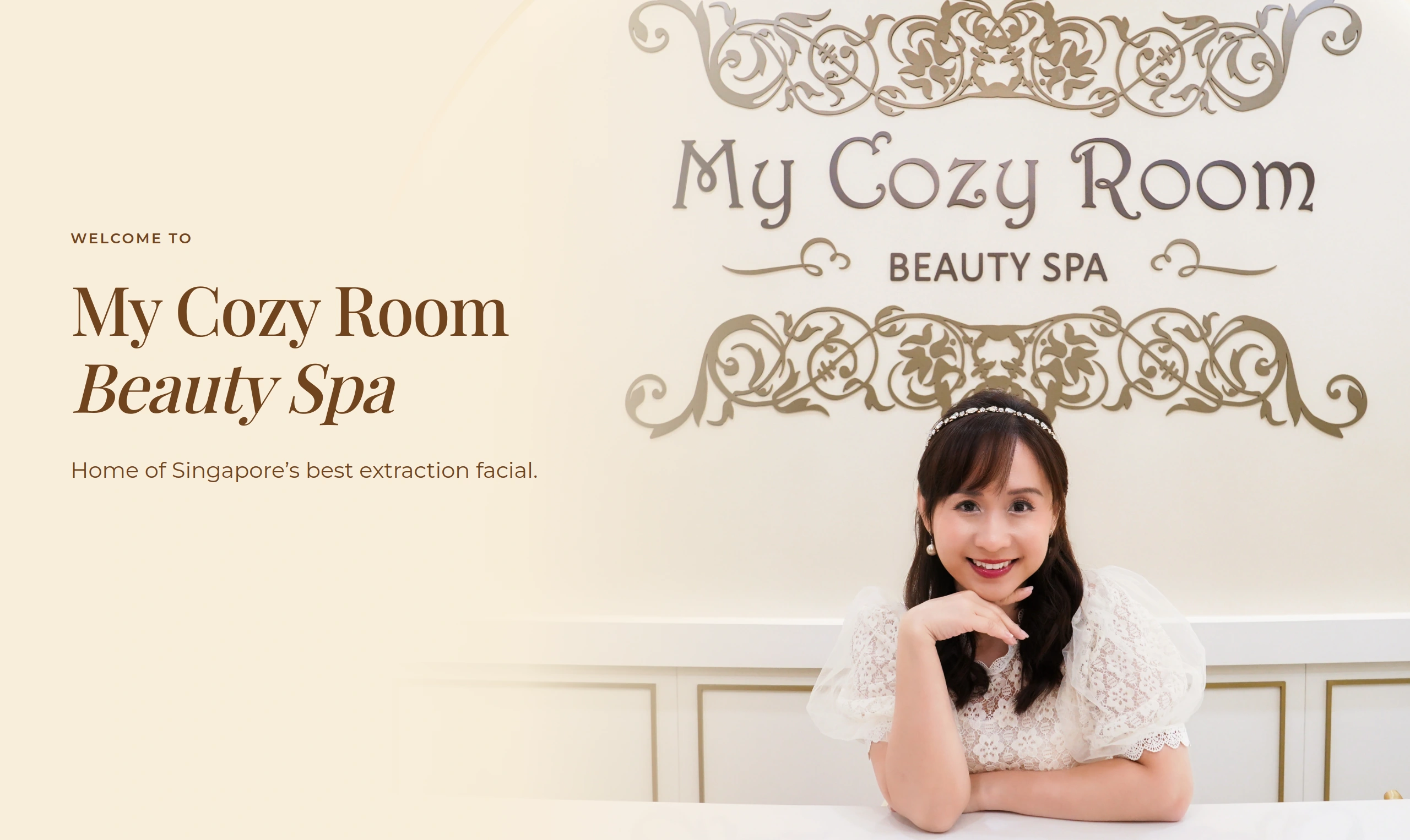 Welcome to My Cozy Room Beauty Spa. Home of Singapore’s best extraction facial. Reception photograph with six award logos.