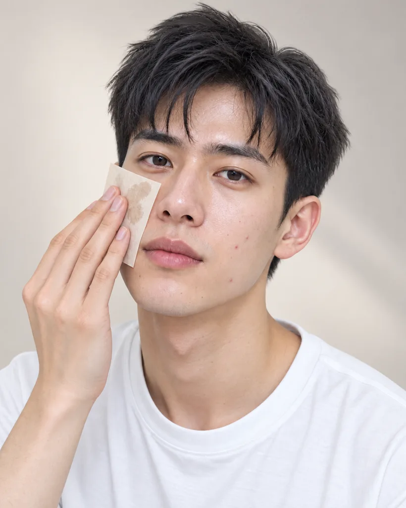 Young man pressing an oil blotting sheet to his cheek, as a men's facial helps balance oil and shine