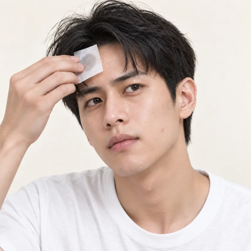 Young man blotting oil from his shiny forehead, one of the signs to book a men's facial in Singapore