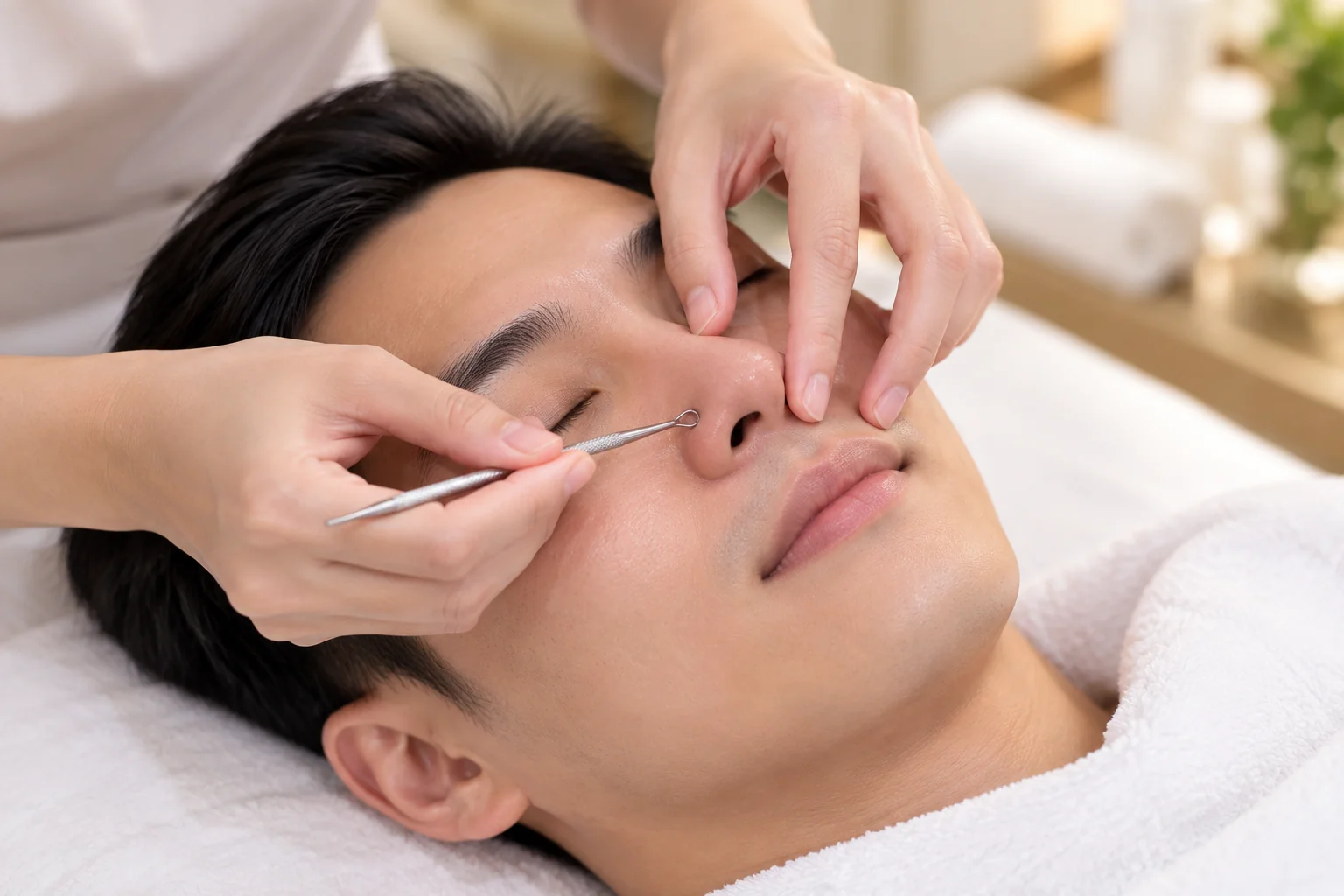 Therapist using a metal extraction tool beside a man's nose during a men's facial in Singapore