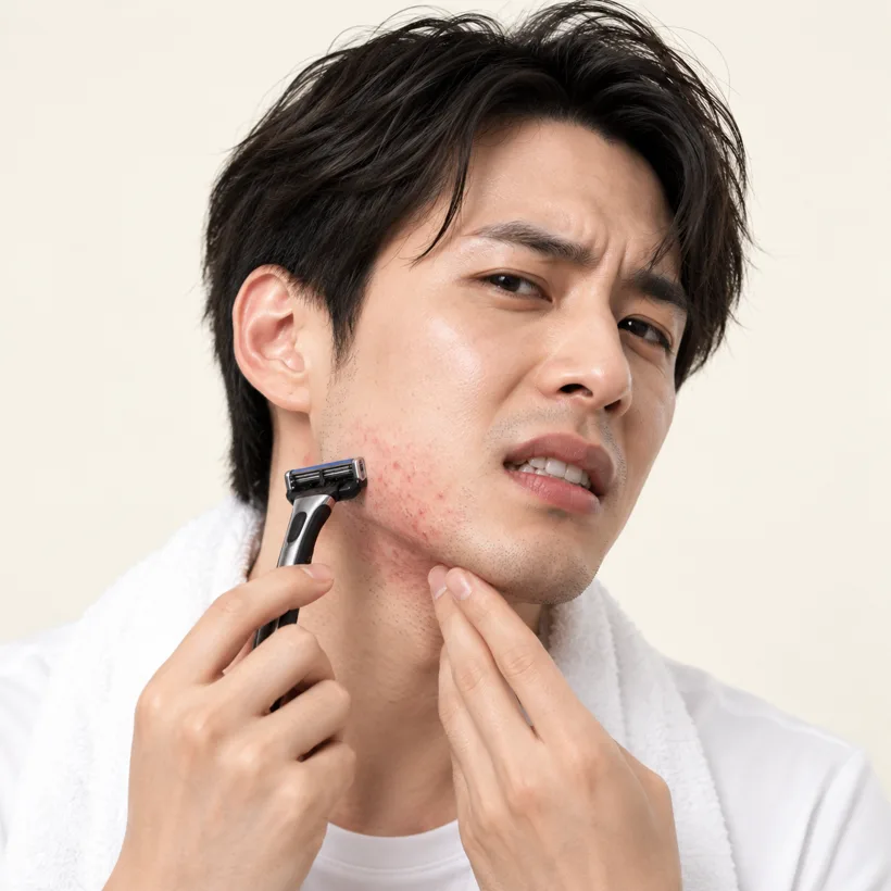 Man shaving over red razor bumps on his cheek, a common sign it is time for a men's facial