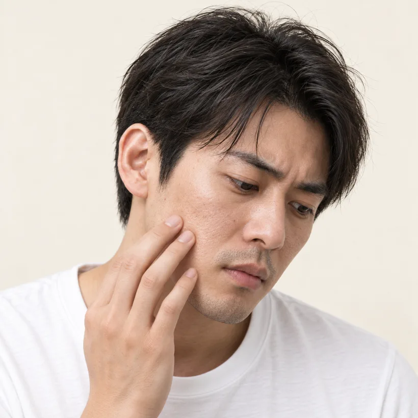 Worried man feeling rough, uneven skin on his cheek, a sign it may be time for a men's facial