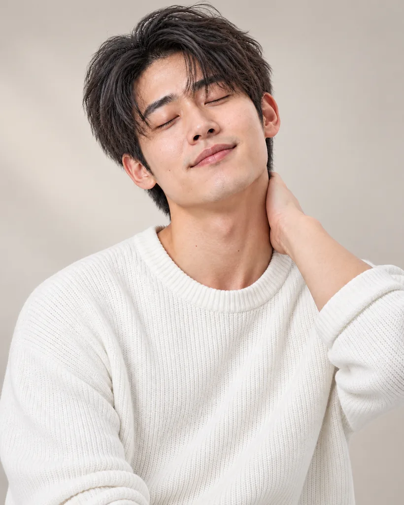 Relaxed young man with eyes closed rubbing the back of his neck, as a men's facial doubles as a proper reset