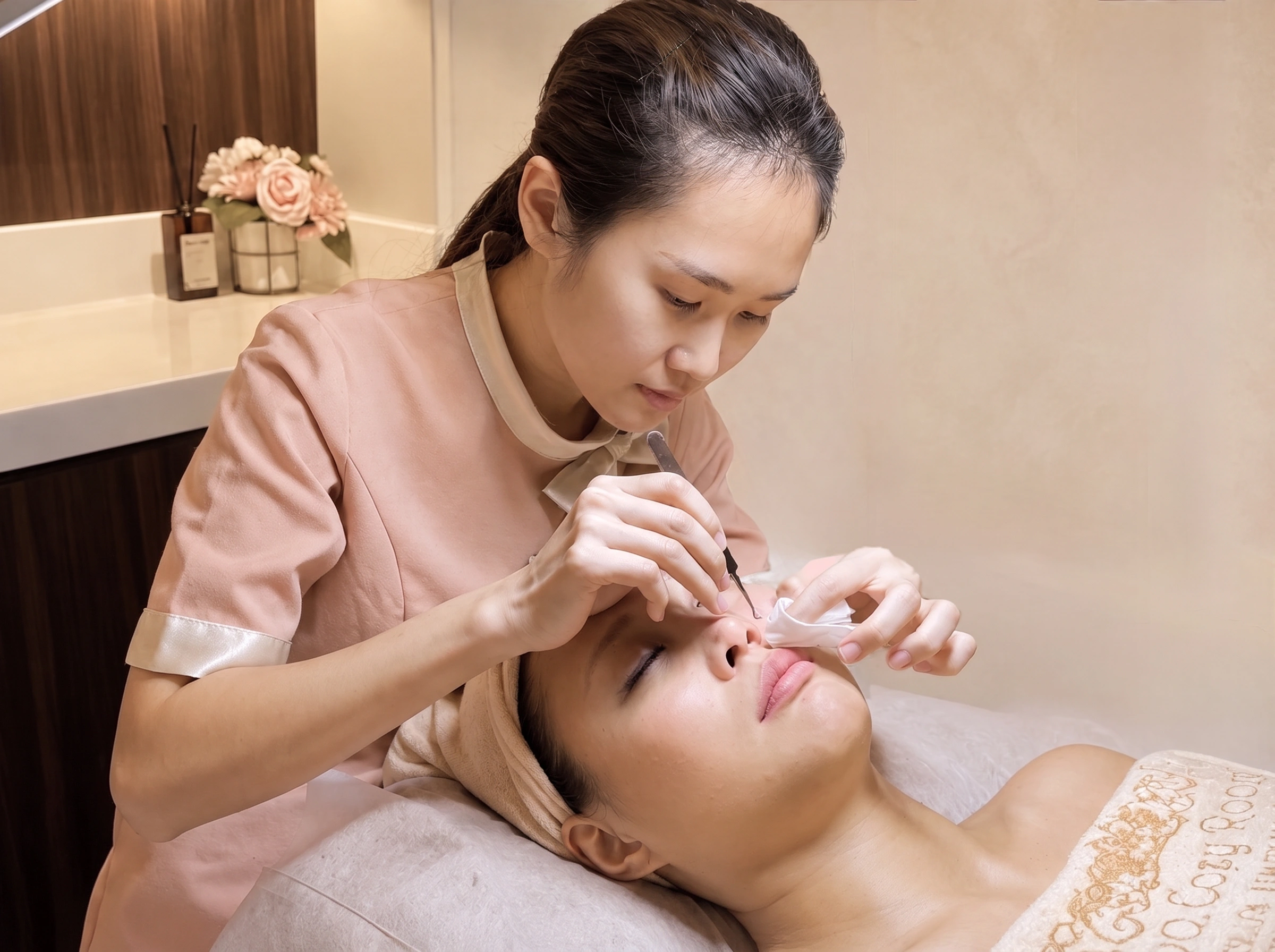 Therapist performing a careful pore extraction on a client's nose during a facial treatment in Singapore