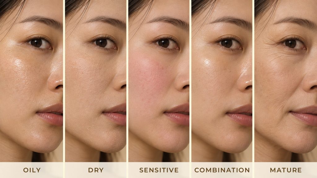 Close-up of oily, dry, sensitive, combination and mature skin types side by side